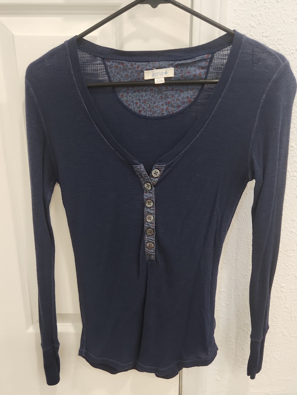 aerie Navy Ribbed Long-Sleeve Henley Top